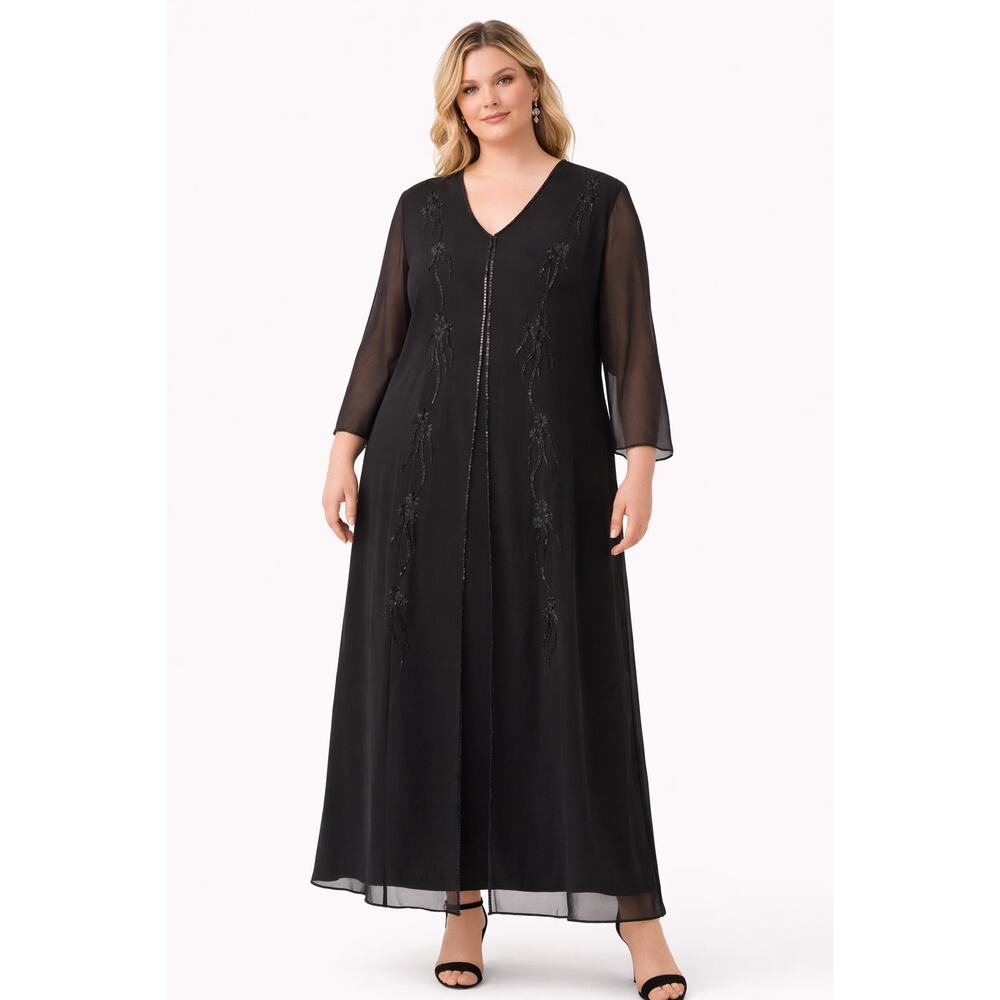 1990s Night Studio black beaded chiffon gown with sheer overlay & sleeves 16